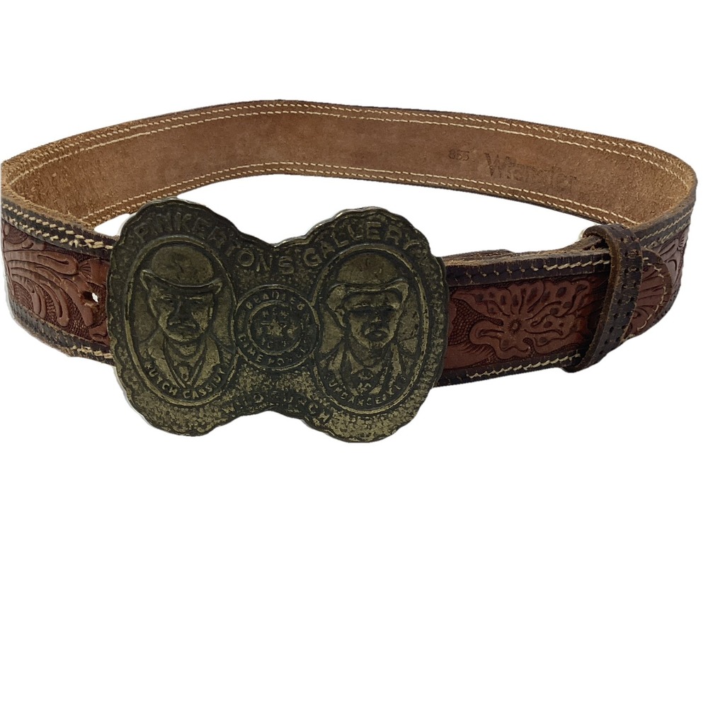 VINTAGE Wrangler Tooled Leather Western Belt Wildbunch Buckle 39" Long